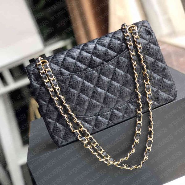 

ladies black calfskin caviar classic diamond quilted bag chains double flap medium size 25cm genuine leather crossbody shoulder bags