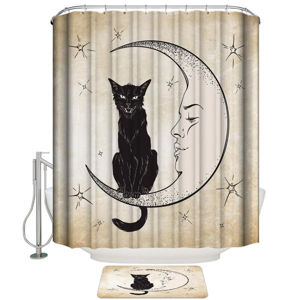 

cat moon stars retro shower curtain with hooks doormat bath floor mat waterproof polyester curtains