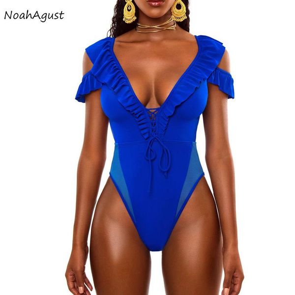 

blue ruffle off shoulder one piece swimsuit swimwear thong monokini high cut swim suit bandage women trikini 2021 two-piece suits