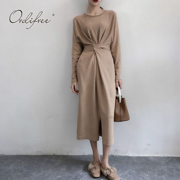 

autumn winter women knitted long sleeve bow loose sweater dress 210415, Black;gray