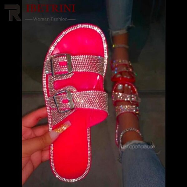 

fashion sliver bling slippers double buckle rhinestones for female big size flat with sandals womens shoes, Black