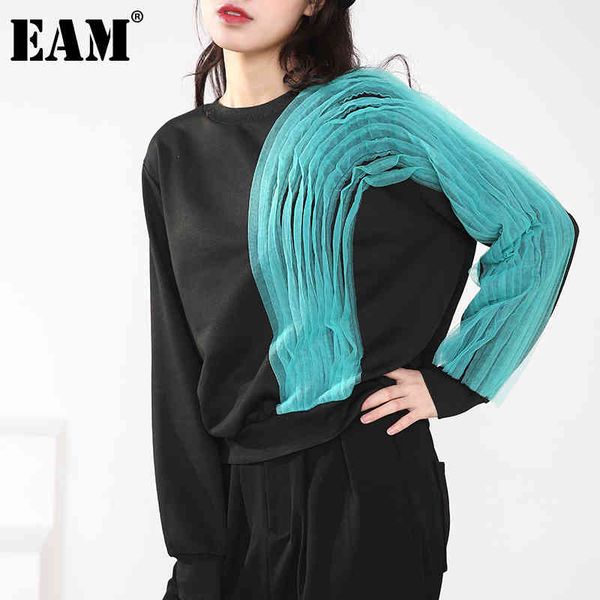 

[eam] loose fit asymmetrical mesh black sweatshirt round neck long sleeve women fashion spring autumn 1dd451801 210512
