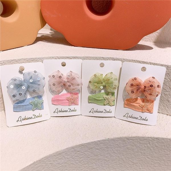 

hair accessories 2 pcs sweet girl beautiful simple sequined yarn bow hairpins fashion korean children's lattice fabric star bb clip hea, Slivery;white