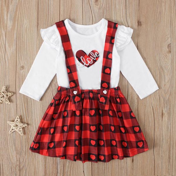 

clothing sets toddler baby girls valentine's cotton ruffle pullover +suspender heart plaid skirt kids autumn outfit girl clothes, White