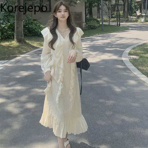 

casual dresses korejepo women dress 2021 early autumn fairy sweet solid v-neck flare sleeve female ruffled fishtail mid-calf long, Black;gray