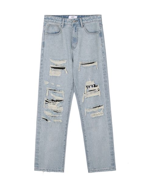 

men's high street patch hole jeans fashion straight wide leg denim pants retro loose casual trousers, Blue