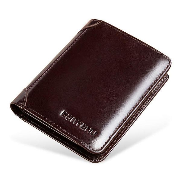 

wallet mens oil leather wax rfid anti theft short bifold purses zipper coin purse black brown brand with box, Red;black