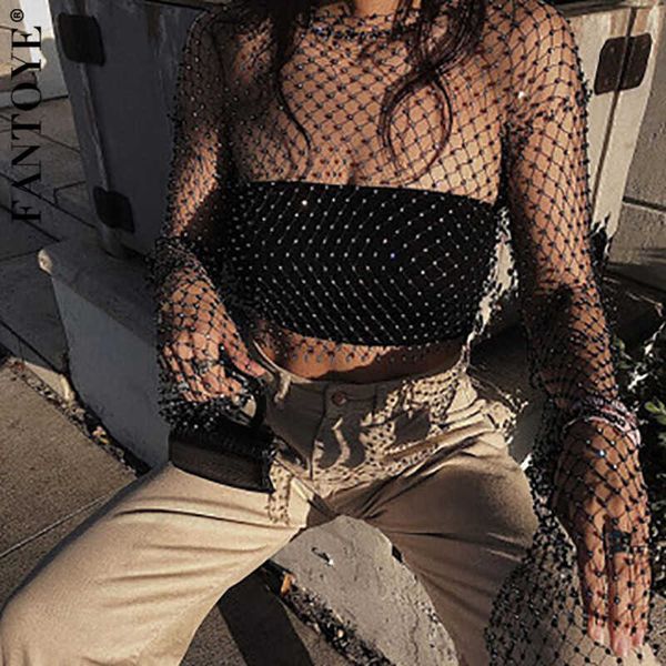 

women's tanks & camis see through crystal diamond fishnet women hollow out summer beachwear party s shiny short tees club bagk jgc5, White