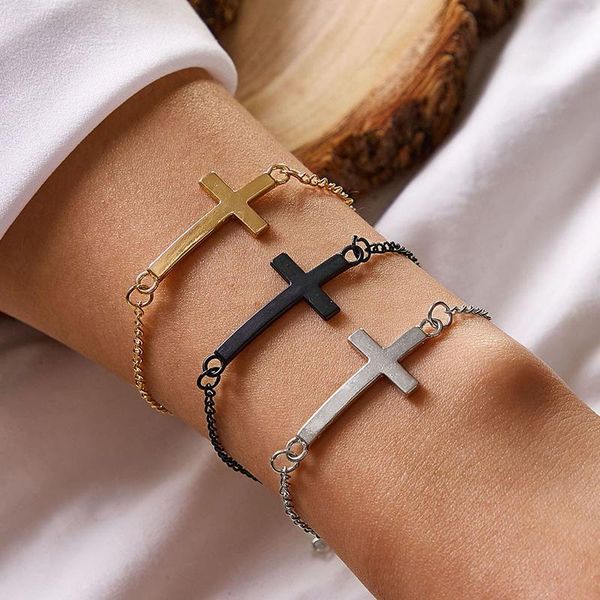 

charm bracelets 3pcs/set fashion cross bracelet for women minimalist geometric gold silver color alloy set jewelry 13295, Golden;silver
