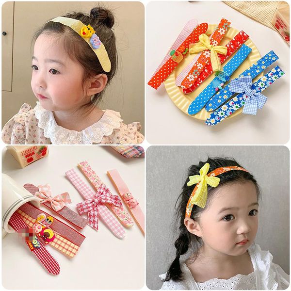 

hair accessories 3 pcs/set girl baby cute cartoon print flower plaid strip broken finishing decorate hairband headband kids, Slivery;white