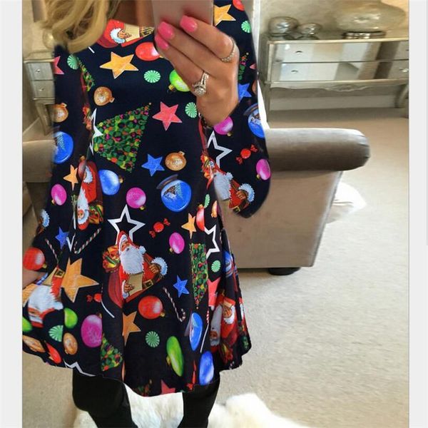 

4xl 5xl big size casual women dress print cartoon christmas tree cute loose autumn winter a line above knee mini, Black;gray
