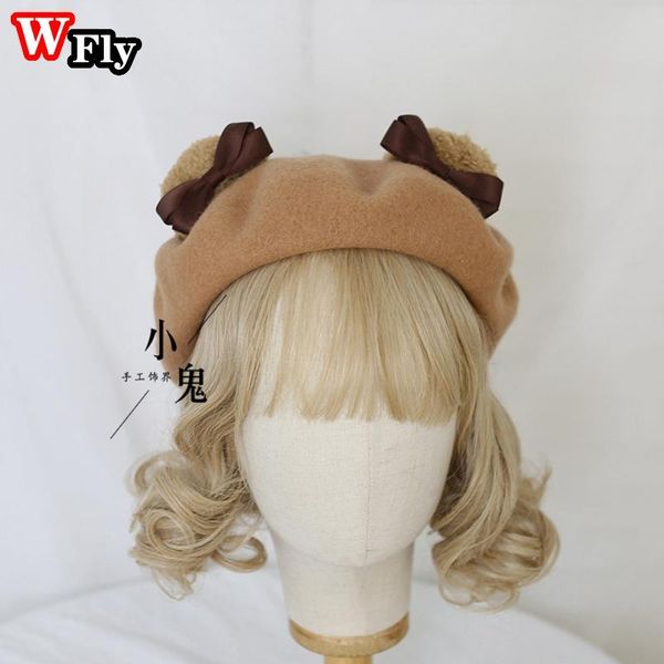 Beretti harajuku femminile femminile orso ha orecchio cappello da prua dolce lolita accogliente berretto di lana berretto artista berretto da donna cappelli caldi inverno copricapo
