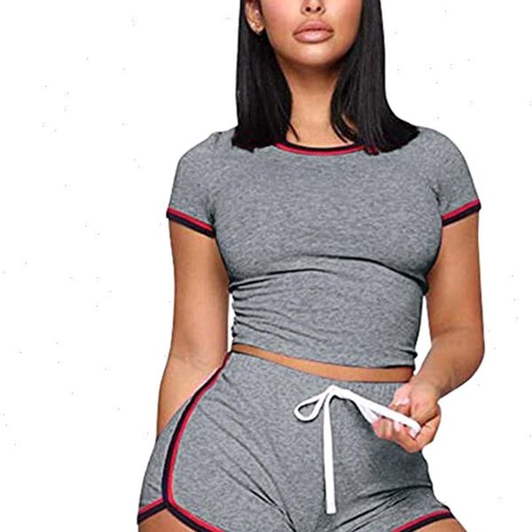 

casual summer 2pcs striped womens tracksuits set girls short sleeve elastic waist fitness shorts exercise running gym sports sets, Gray