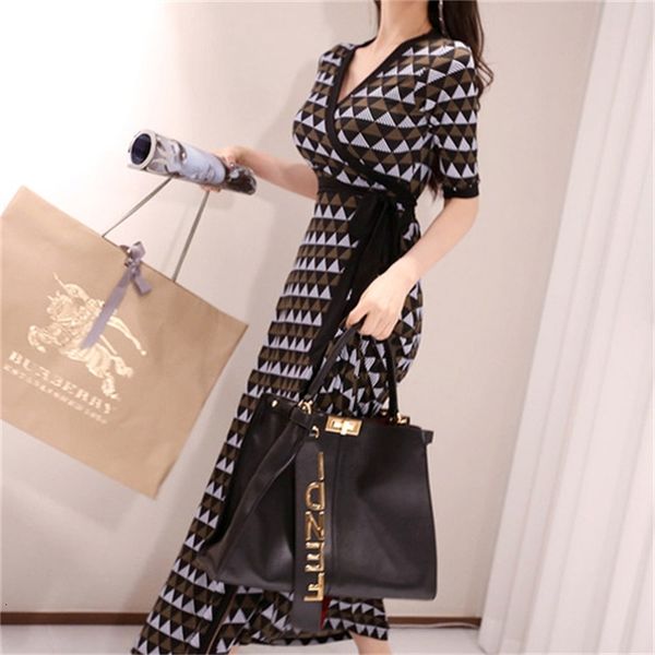 

casual dresses spring vintage slim sashes high waist geometry print cloth women maxi long ankle-length dress j75l, Black;gray