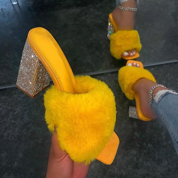 

slippers 2021 summer women outdoor banquet fashion high-heeled rhinestone single layer plush plus size all-match sandals, Black