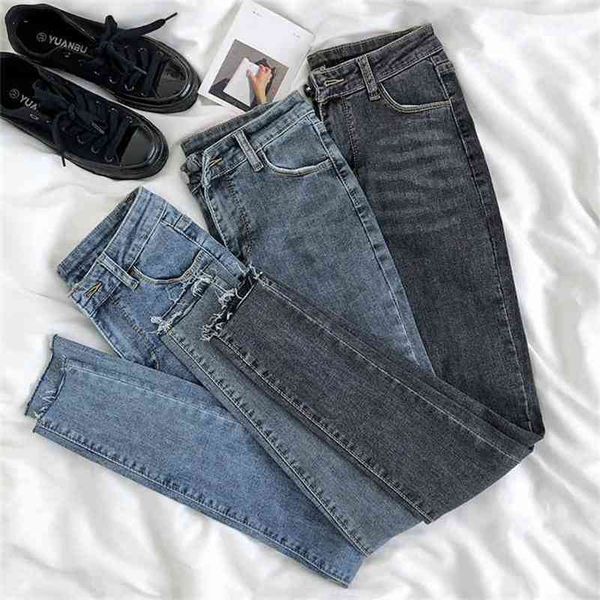 Dünne Jeans Frau Hohe Taille Grau Blau Elastische Denim Tuch Weibliche Frühling Sommer Vintage Bleistift Hosen Mom Street Koreanische Hosen 210708