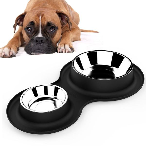 

set of dual dog bowl non-skid nontoxic stainless steel durable water pet feeding cat bowls & feeders