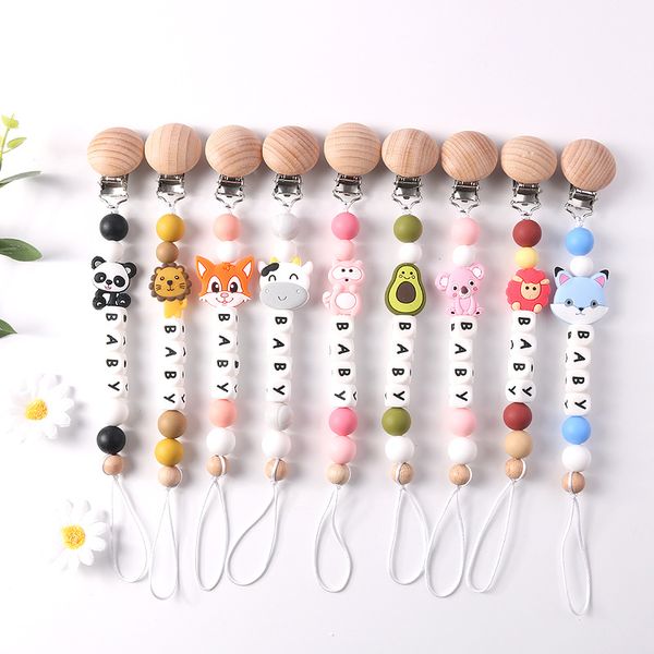 

silicon wood bead pacifier chain clips baby feeding accessories infant toddlers safe cartoon animal head pacifier holders soother