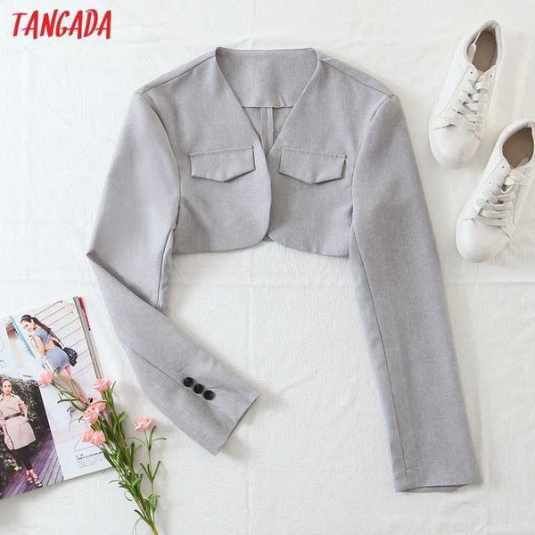 

tangada women gray crop blazer coat vintage notched collar pocket fashion female casual chic 1m14 210609, White;black