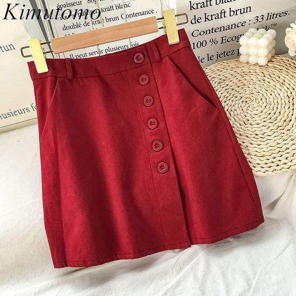 Kimutomo Elegante Rote Mini Röcke Frauen Sommer Koreanischen Stil Weibliche Hohe Taille Einreiher A-linie Rock Casual 210521