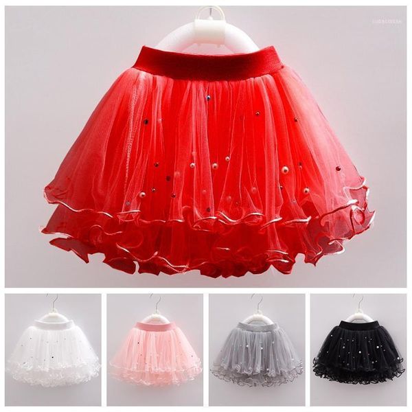 

skirts kids girls skirt beaded chiffon princess tulle party dance 3 layers spring fluffy bottom1, Blue