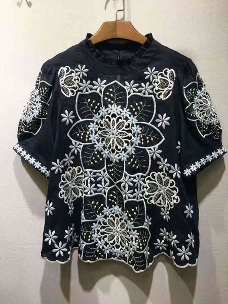 

women's swimwear linen summer fashion blouses women lurex embroidery flowers short sleeve casual vintage dark blue 1nia, White;black