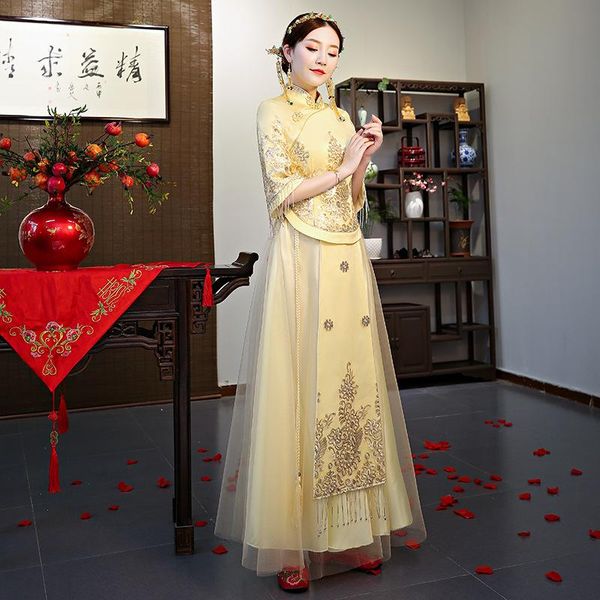 

half sleeve yellow oriental style dresses chinese bride vintage traditional wedding cheongsam dress long qipao ethnic clothing, Red