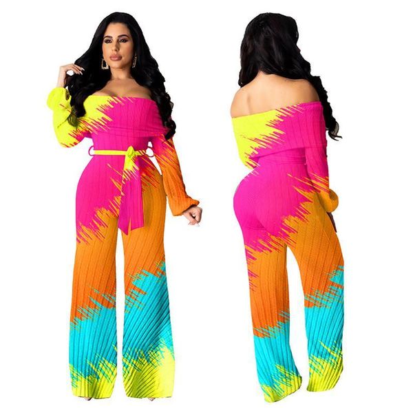 

women's jumpsuits & rompers women rainbow tie dye wide leg off shoulder backless bodysuit straight sashes playsuits overalls, Black;white