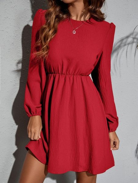 

solid bishop sleeve a line dress z8ws#, Black;gray