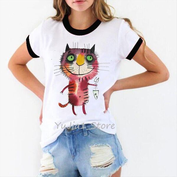 

cat and fish print women t shirts funny cute harajuku kawaii kitten femme streetwear 90s custom, White