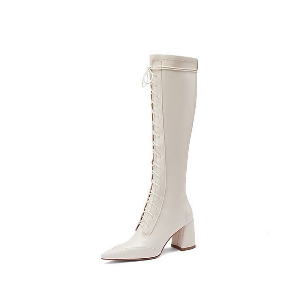 

asumer come stretch genuine leather heels women's fashionable shoes cross tied zip autumn knee high boots, Black