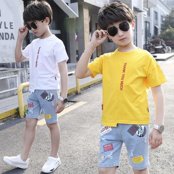 

clothing sets 12 year children's summer fashion short-sleeve boutique boy girl yellow white denim shorts two piece suit