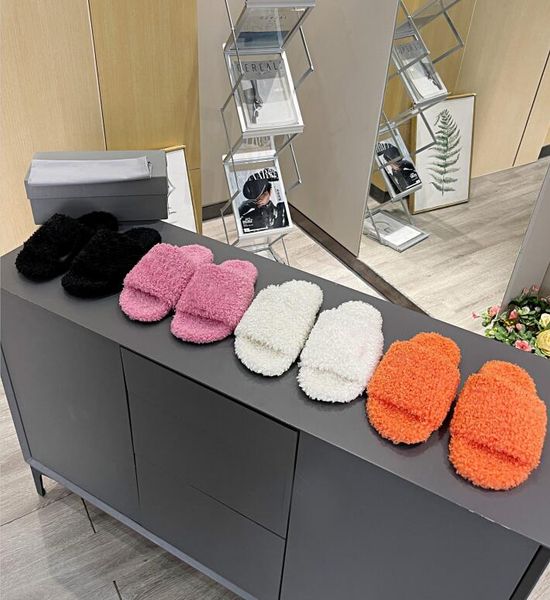 

designer luxury women men sandals furry slide slipper sandal black faux wool leather white logo embroidery fashion comfortable with box size
