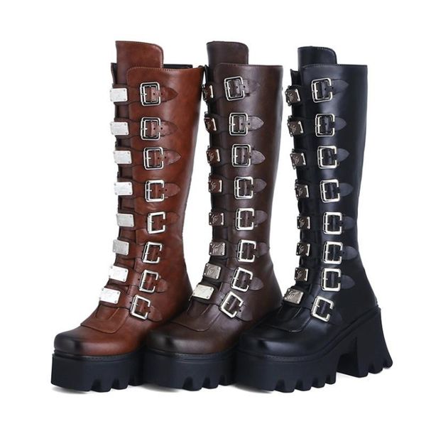 

boots pxelena metal buckle cosplay platform combat motorcycle knee high plus size 34-43 chunky block heel gothic punk rock shoes, Black