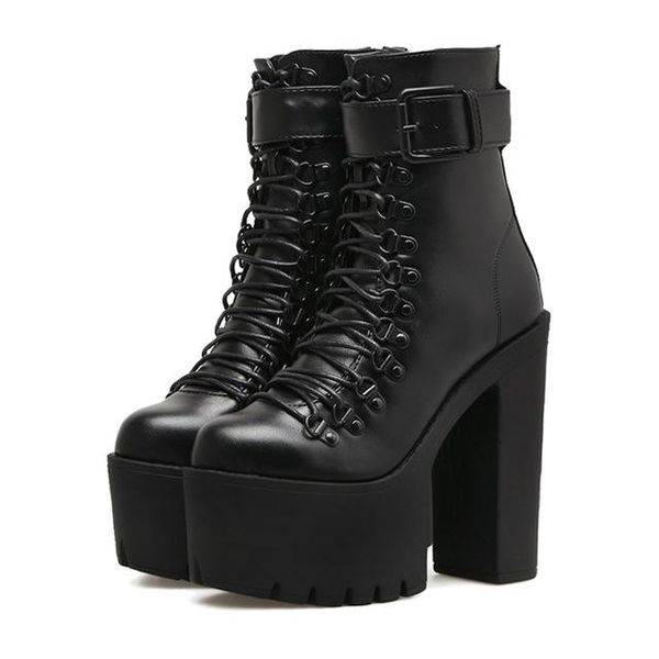 

drop 2021 motorcycle genuine leather buckle high heels shoes black gothic woman ankle boots platform
