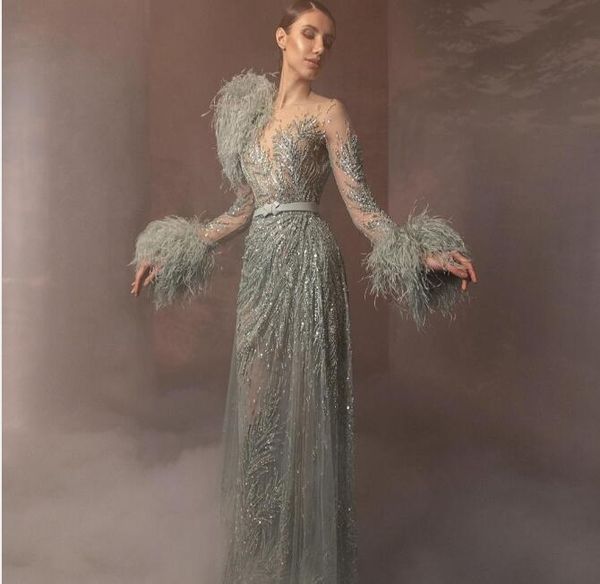 

evening dress green crystals beaded satin mermaid long sleeve loess zuhair murad women dubai formal party prom dresses ostrich feathersplit, Black;pink