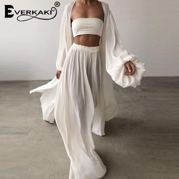 

everkaki casual tube bra pants robe 3pcs sets suits women boho summer solid oversized home soft elegant loose female 2021 women's two p, White