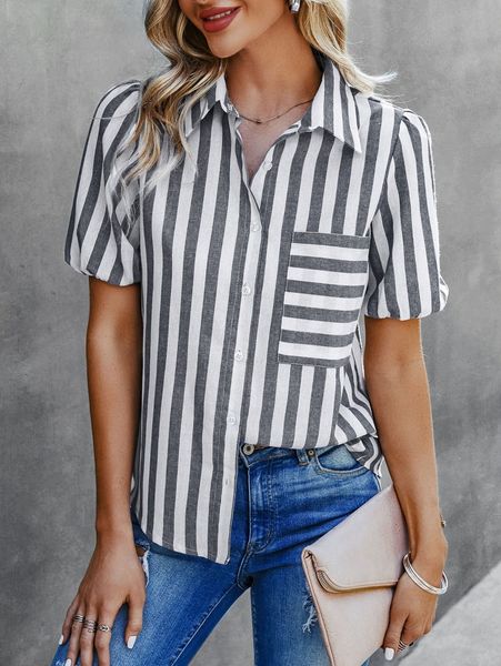 

striped print puff sleeve blouse y2fw#, White