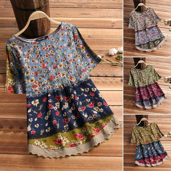 

women's blouses & shirts zanzea 2021 patchwork blouse fashion lace tunic casual short sleeve blusas female printed plus size, White