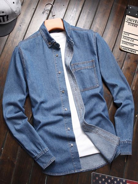 

men pocket patched denim shirt without tee e35k#, Blue