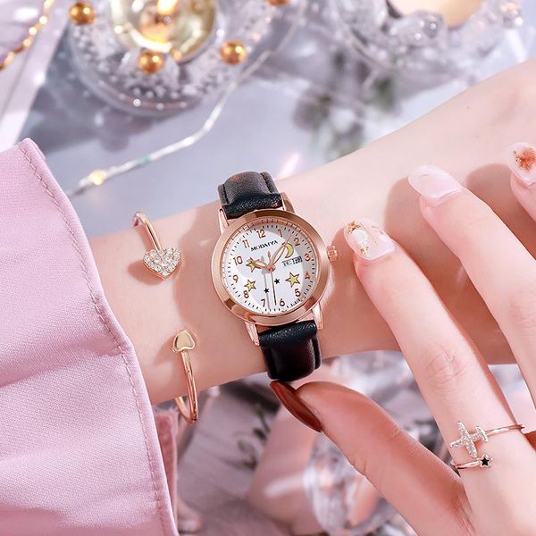 

wristwatches leather strap fashion 2 pcs watch and bracelets relogio dual calendar moonlight women wristwatch reloj, Slivery;brown