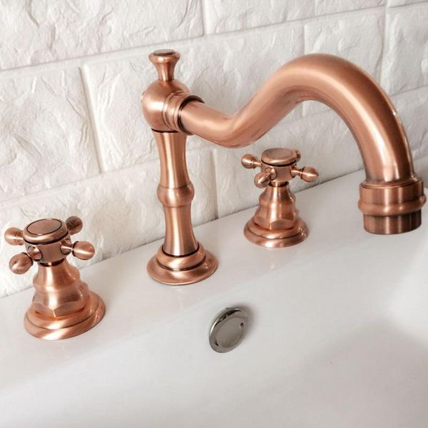 

bathroom sink faucets antique red copper widespread dual handle washing basin mixer taps deck mounted 3 holes lavatory faucet arg041