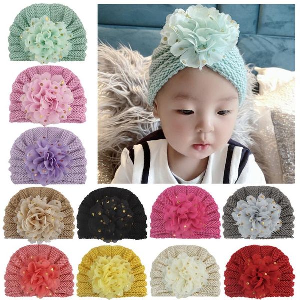 

caps & hats baby girl knit crochet hat with flower knotted solid color bow tie turban cap for girls warm infant headwear accessories, Yellow