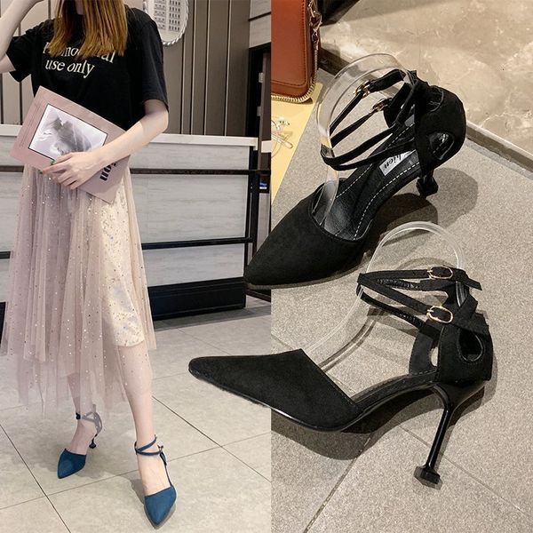 

luxury dress shoes fashion single sho 2021 spring and autumn one-line buckle pointed elegant small thin hollow fairy high heels, Black