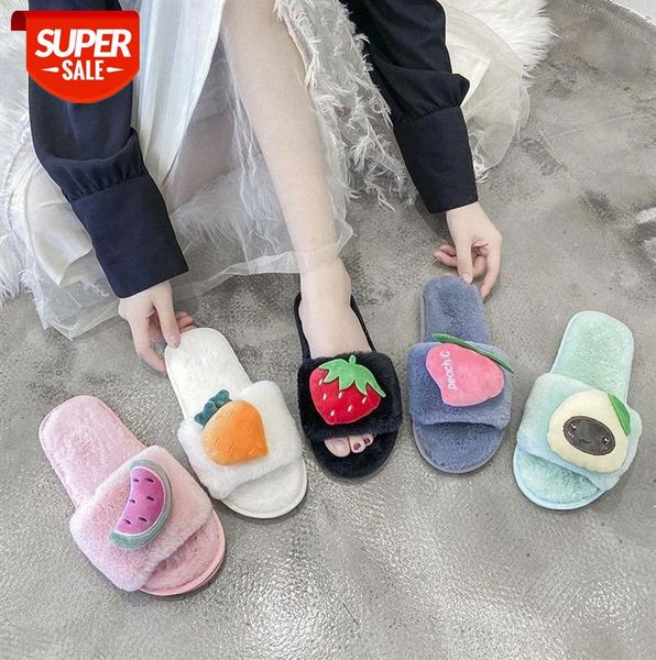 

ins trendy female drag plush flip-flop home cartoon fruit flat-heeled cotton slippers #ee9u, Black