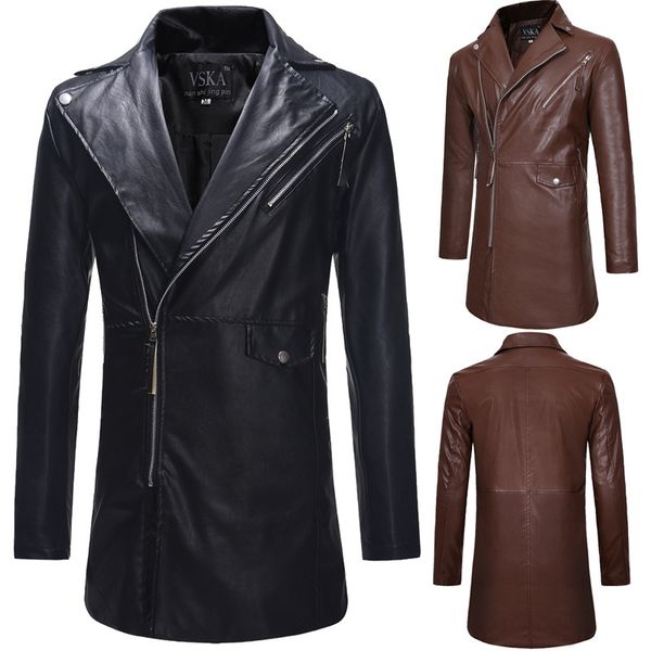 

male-length coat long color oblivic turn down collar leather thin jacket, Black;brown