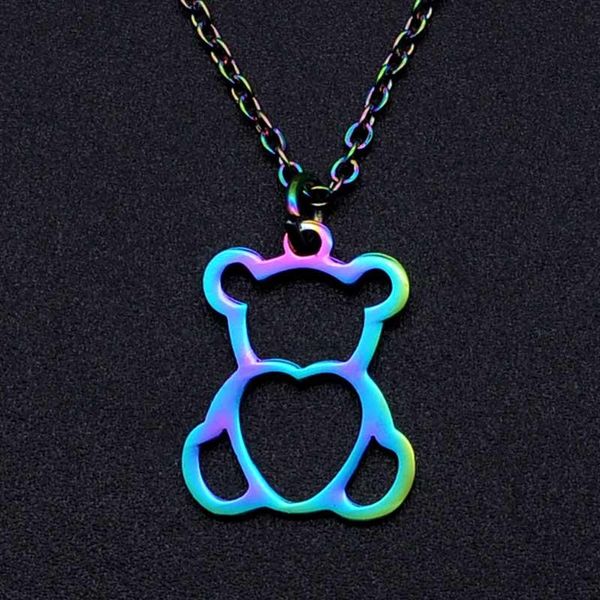 

pendant necklaces 100% stainless steel rainbow colorful bear charm necklace for women fashion jewelry dainty, Silver