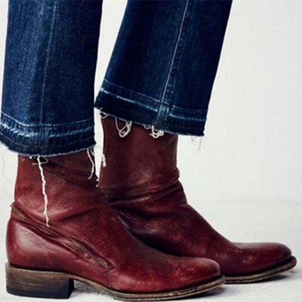 

boots retro ladies motorcycle shallow round head calf genuine leather thick with side zipper gladiator cotton boot, Black