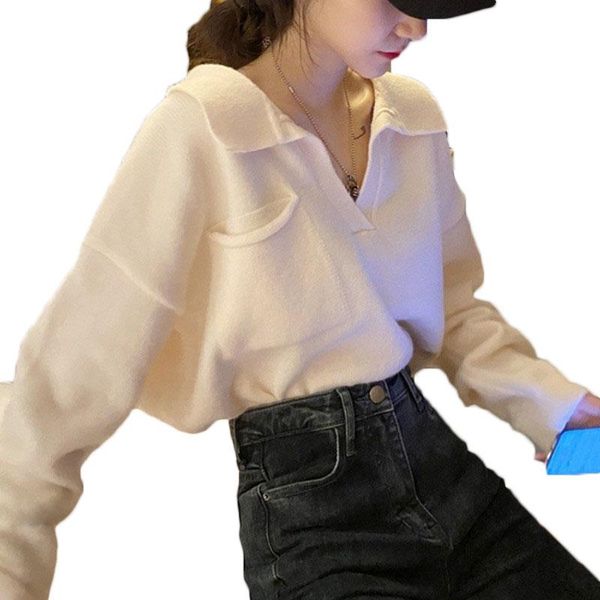 

women's sweaters wild casual lapel loose knit pullover women 2021 autumn sweet sweater student knitted ns2227, White;black