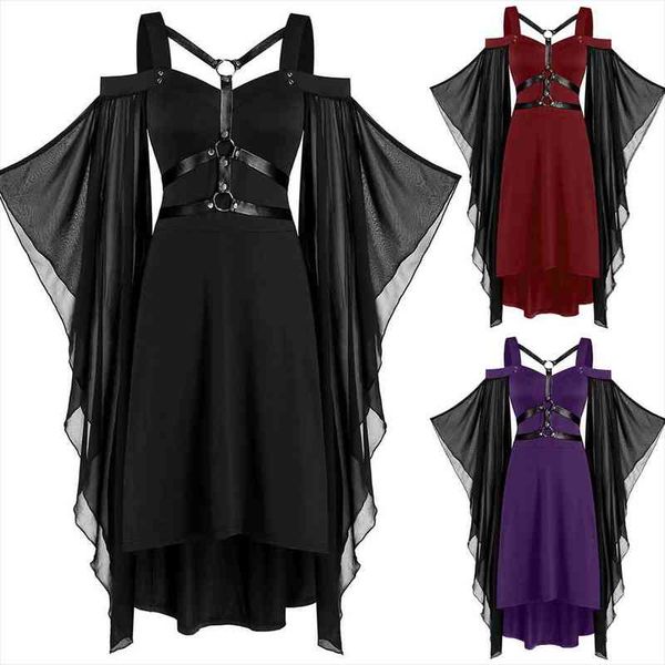 

early spring lady gothic punk mesh patchwork strappy party dresses for women plus size floor-length polyester, Black;gray